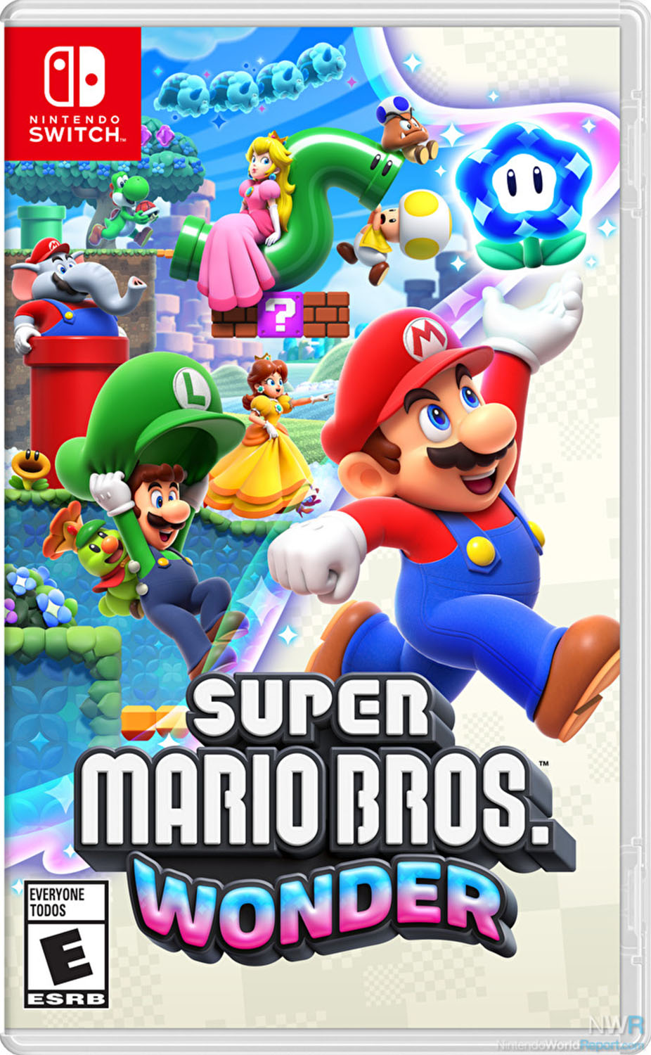 Cover of Super Mario Bros Wonder with Mario jumping in front of island setting