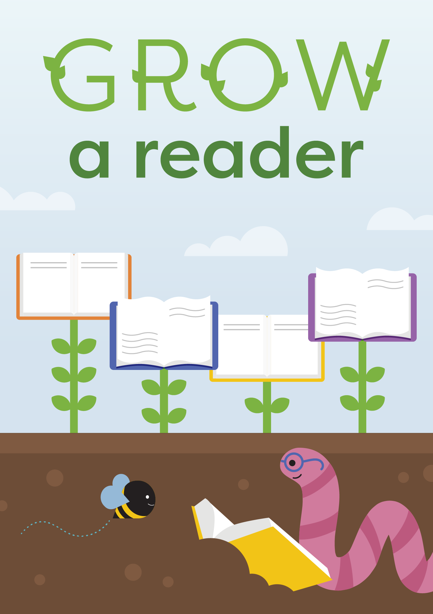 Grow a Reader logo with a worm reading a book in the dirt below and books sprouting from the ground.