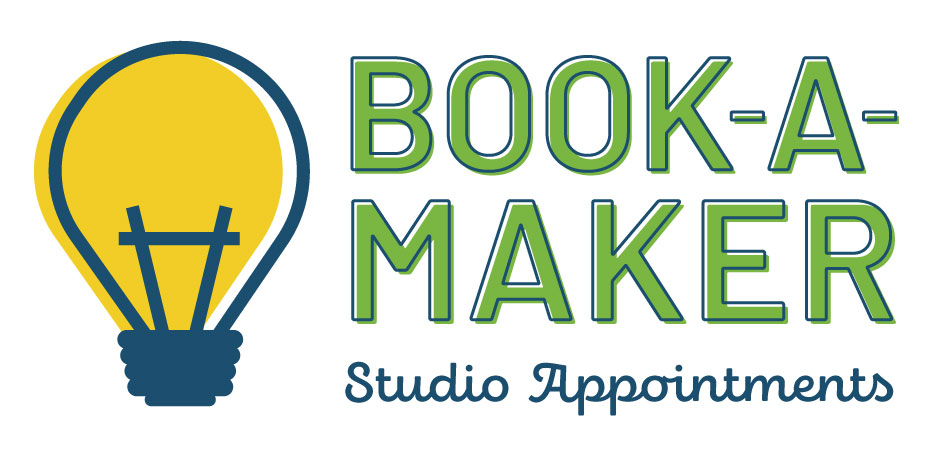 stylized yellow light bulb with words 'book-a-maker studio appointments' in text next to it