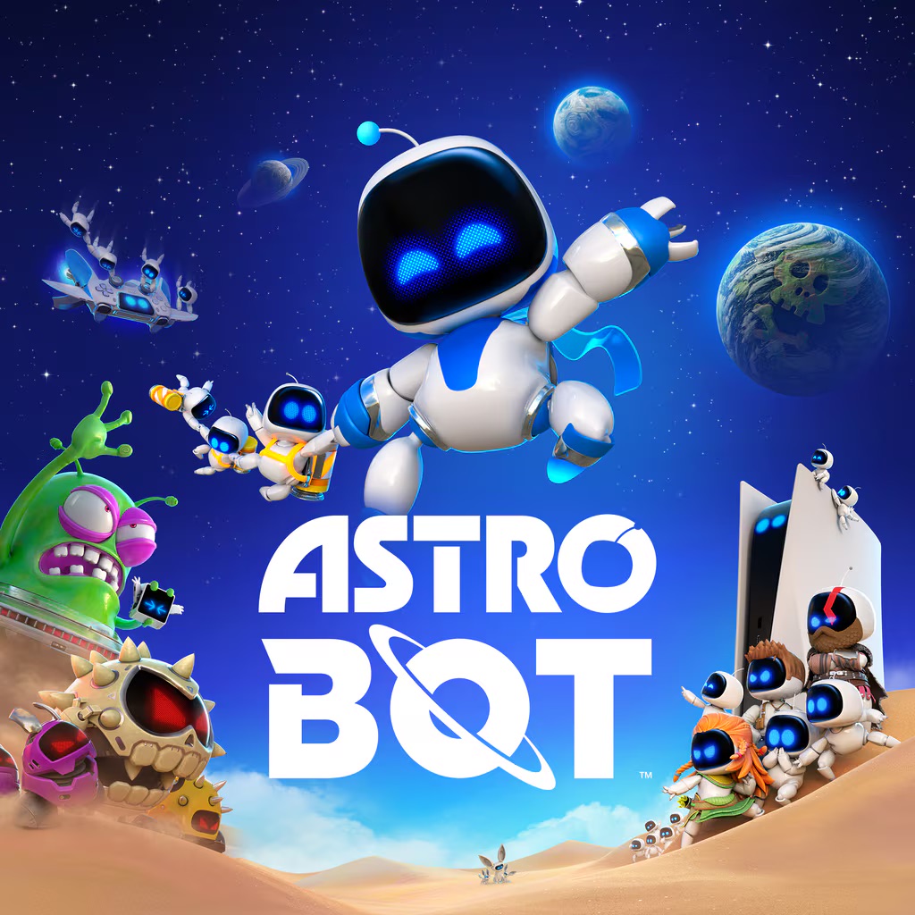 A white robot with blue eyes jumping in space holding the hand of a smaller bot in a chain with 2 other small bots. The surface of the planet below as aliens and other robots.