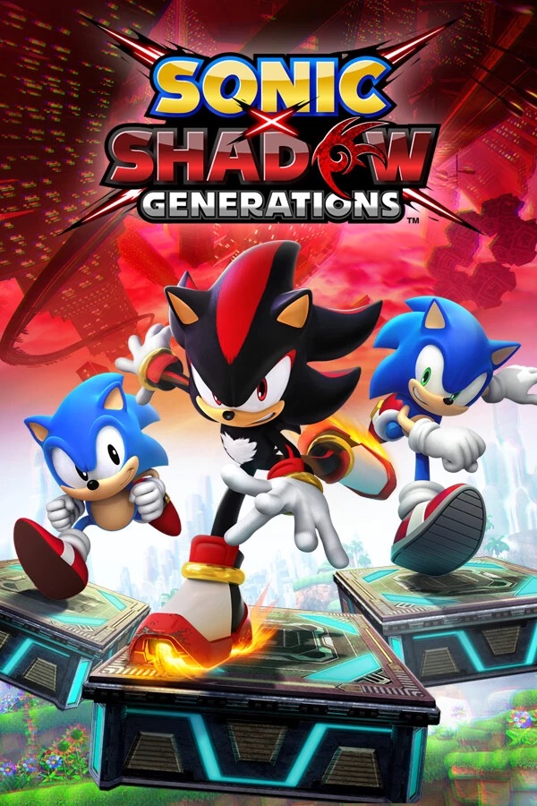 Shadow the Hedgehog running with 2 versions of Sonic on either side of him