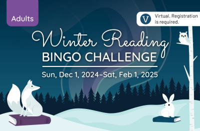 Text that says Winter Reading Bingo Challenge against a night sky with the Northern Lights. A white fox and white rabbit sit on top of books in the snowy foreground.