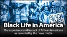 Black and White photo with blue overall tone showing protesters at a Black Lives Matter with words "Black Life in America"