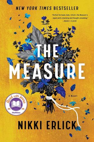 The Measure book cover: a bouquet of blue and black flowers with pieces floating away over a glimmering gold background