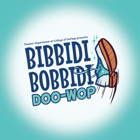 Words Bibbidi BObbidi Doo-Wop on white circle over teal background, with saddle shoe hanging off of the lettering