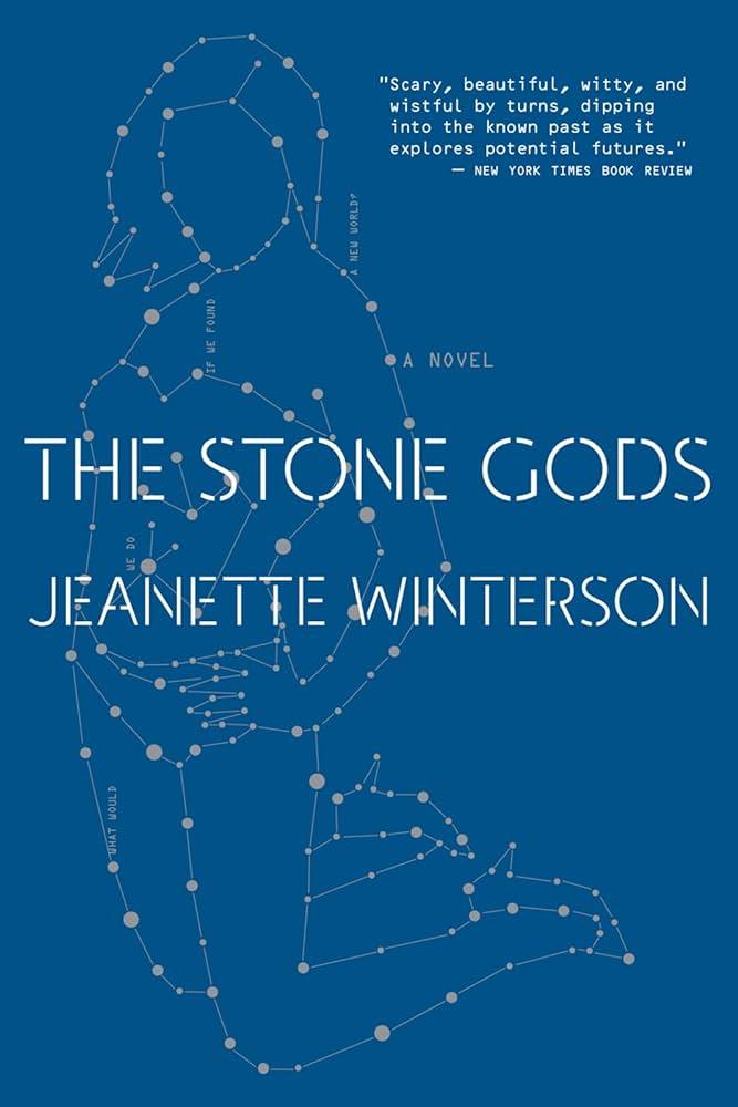 Stone Gods book cover featuring a constellation woman on a blue background 